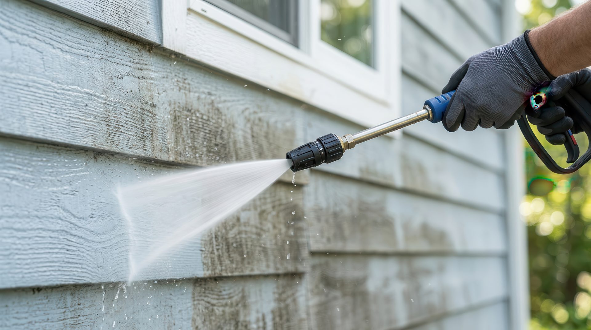 Worker using pressure washer to clean dirty house siding