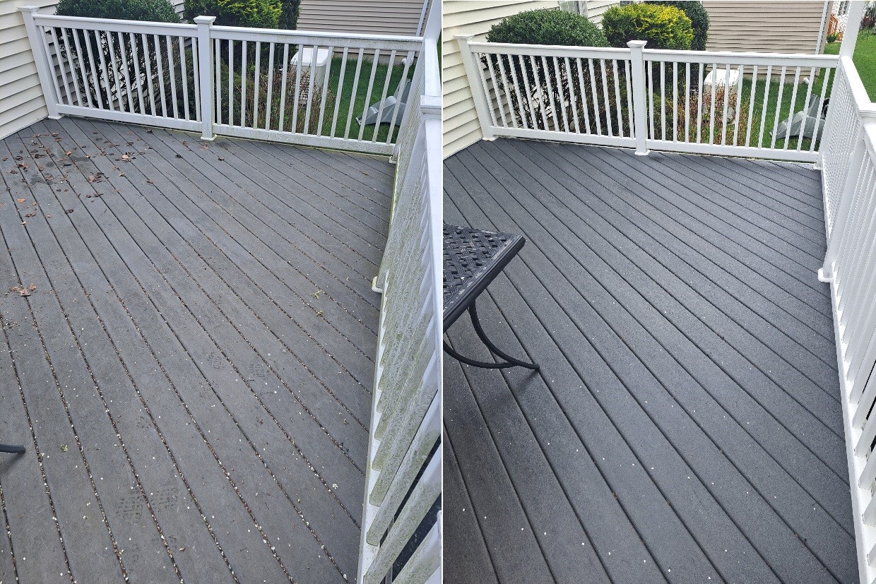 Before and after deck cleaning showing dirt removal and restoration of gray composite decking