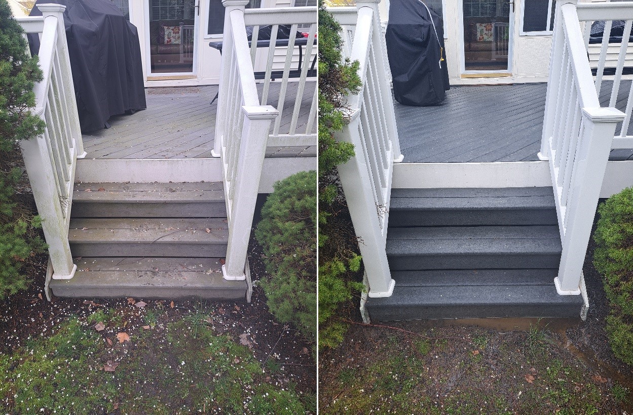 Before and after deck staircase cleaning and restoration with white railings