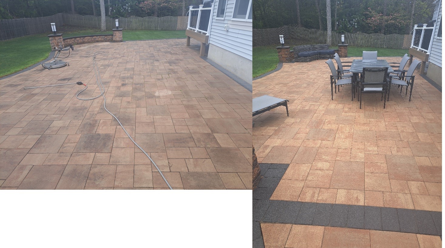Before and after paver patio installation with furniture and landscaping