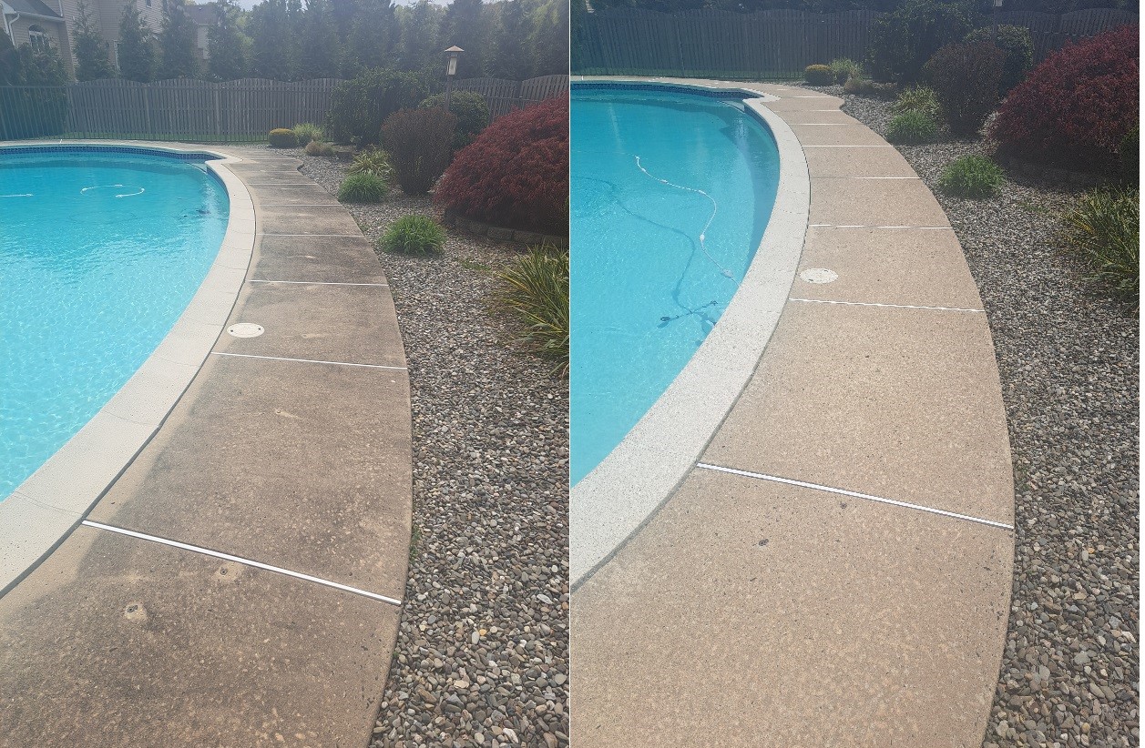 Before and after pool deck cleaning showing dirt removal from concrete surface