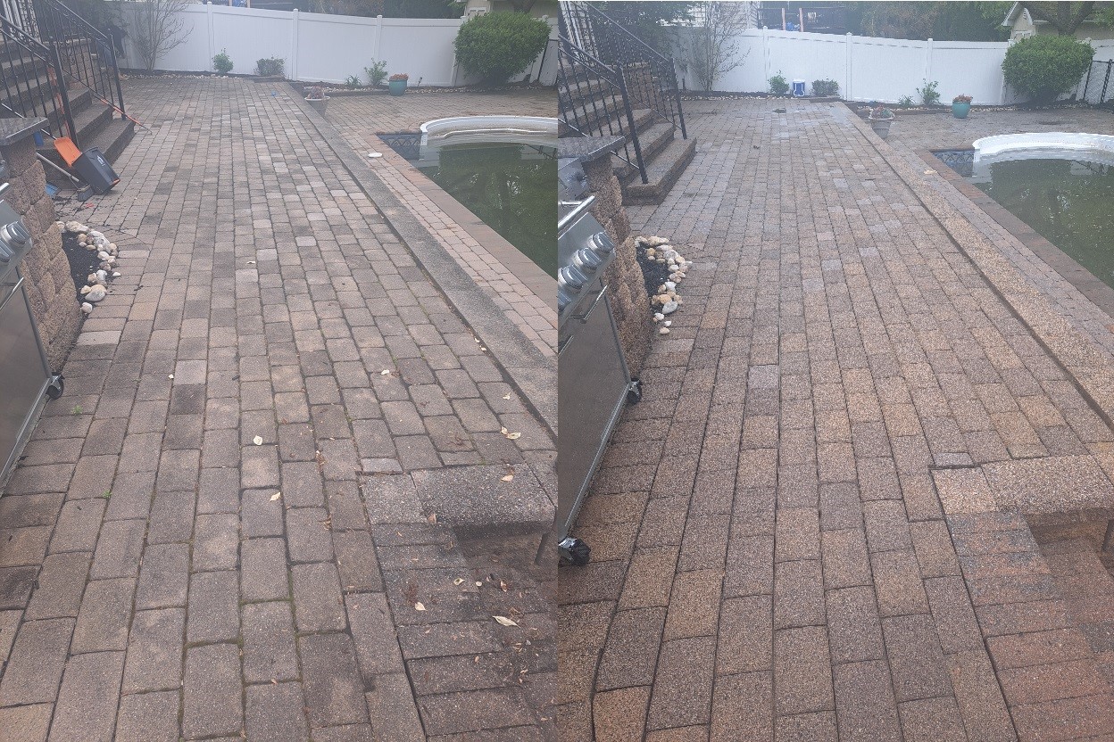 Before and after comparison of driveway cleaning, showing debris removal and surface restoration