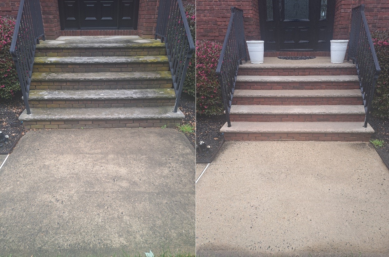 Before and after comparison of brick steps and entryway cleaning service