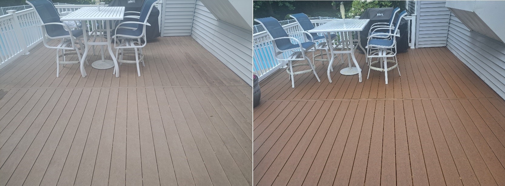 Deck before and after cleaning showing restored composite decking with furniture