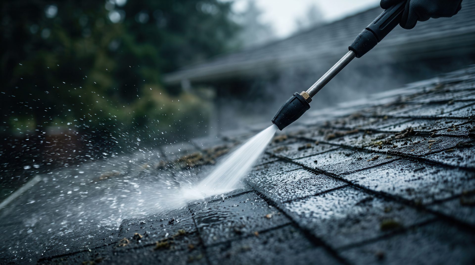 Pressure washer cleaning wet roof shingles with high-pressure water stream