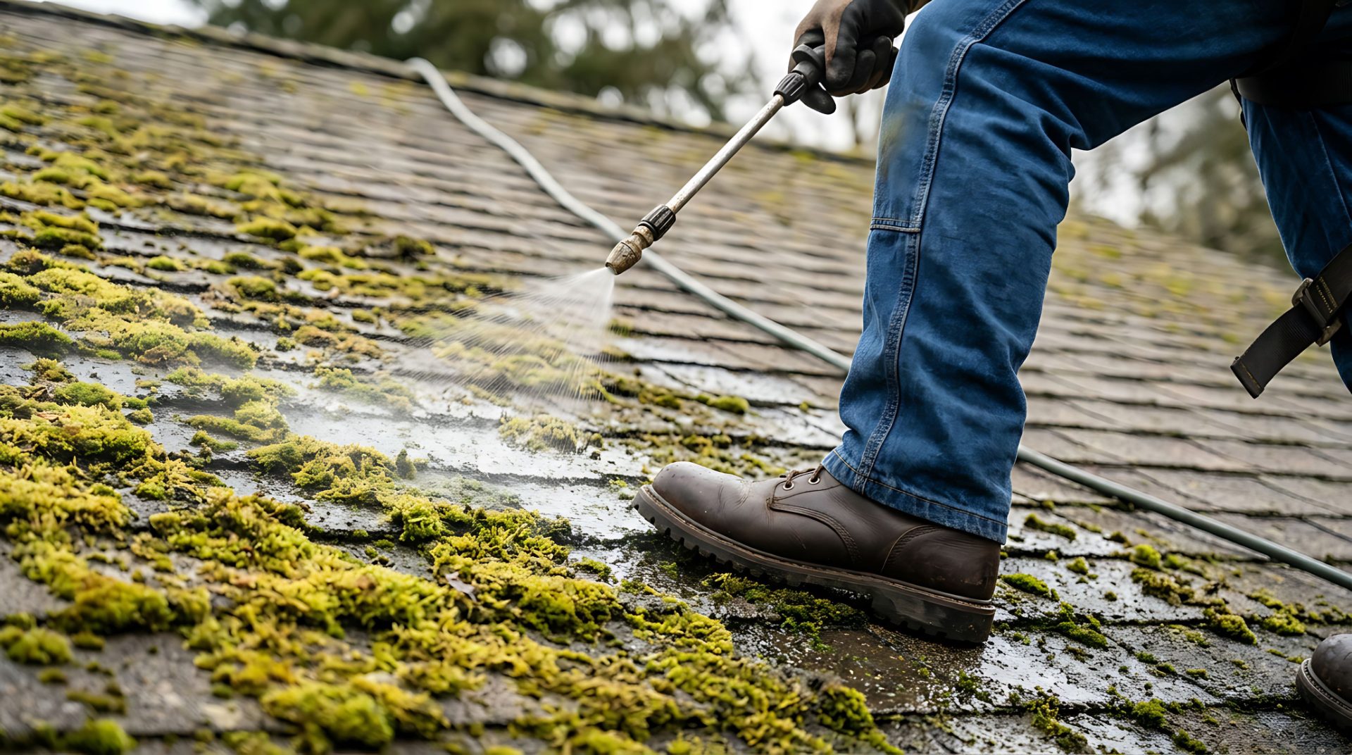 Worker pressure washing moss from roof shingles with cleaning equipment
