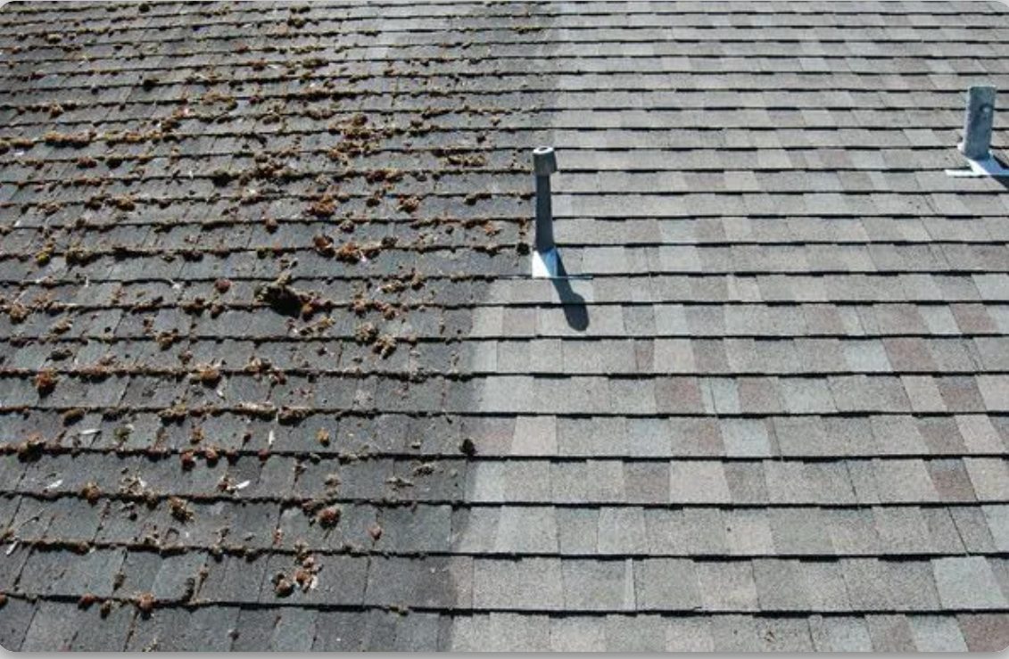 Roof comparison showing dirty weathered shingles on left and cleaned shingles on right