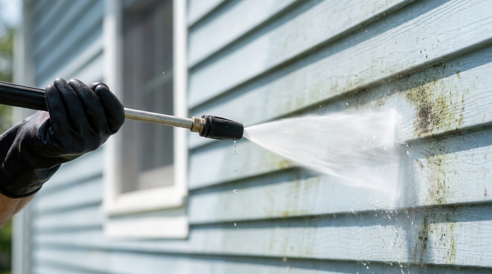 Worker in black gloves pressure washing moldy siding with spray nozzle