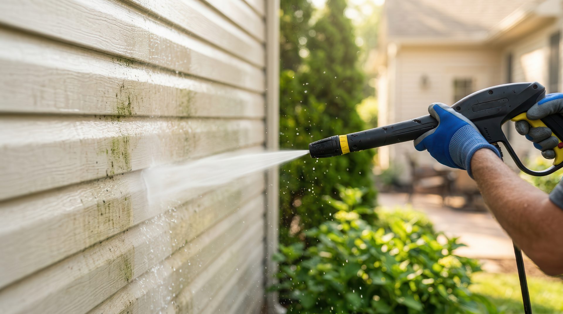 Worker pressure washing vinyl siding with mold and algae buildup using blue-handled equipment